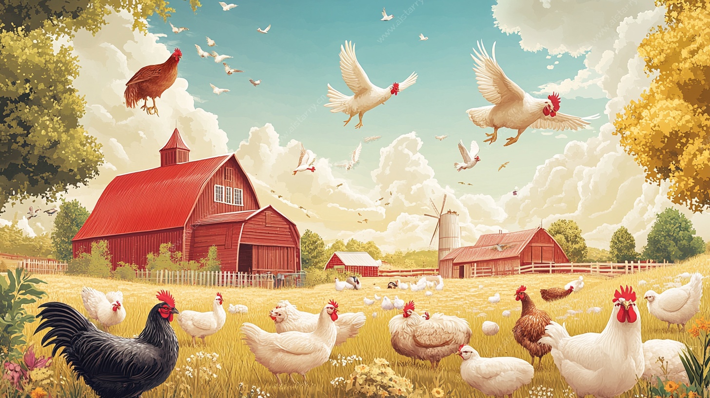田园农场鸡群欢乐图景
