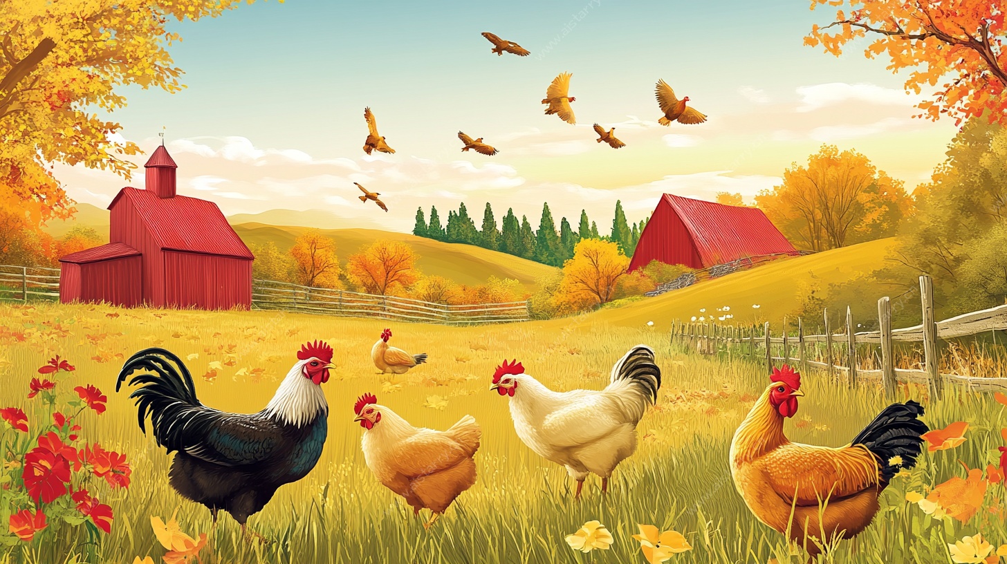 秋日农场的鸡群与飞鸟