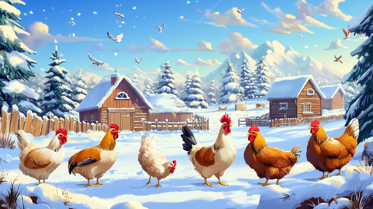 雪中小院的悠闲鸡群