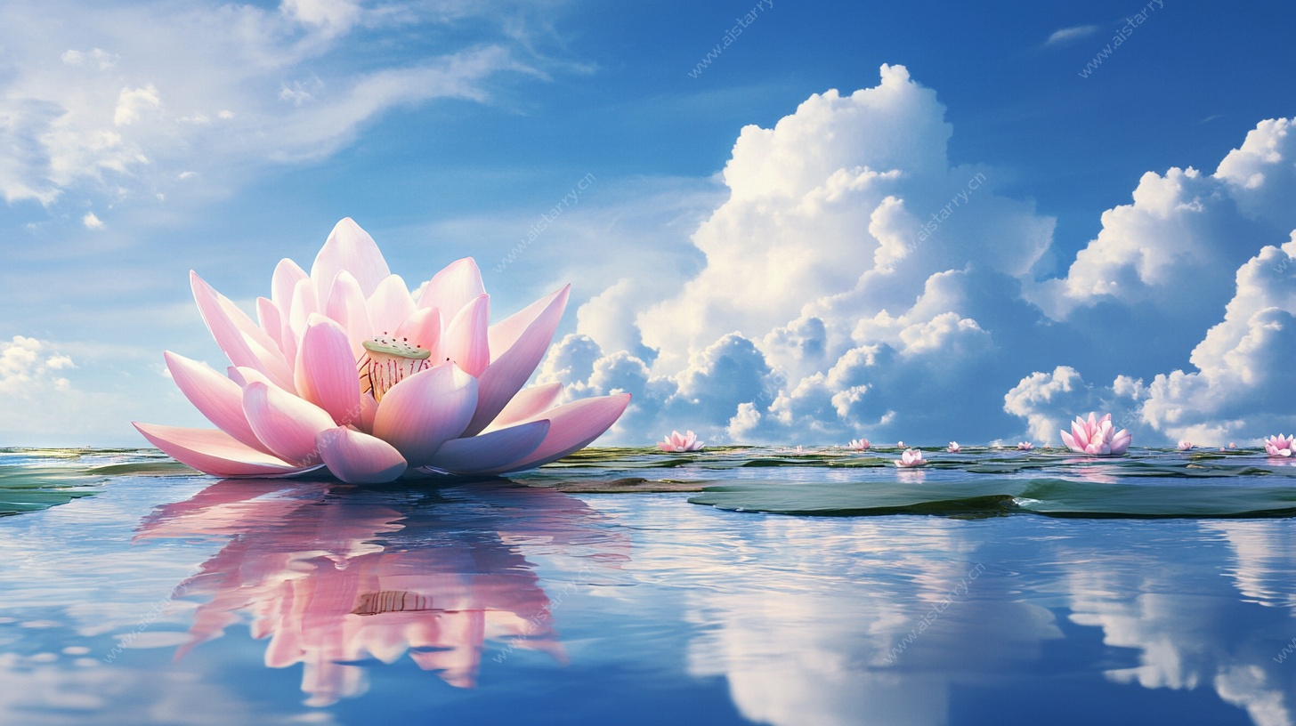 梦幻粉莲映于蓝天碧水间