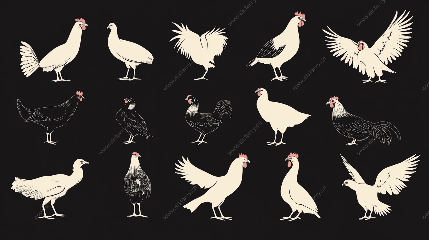 多样姿态的鸡插画集合