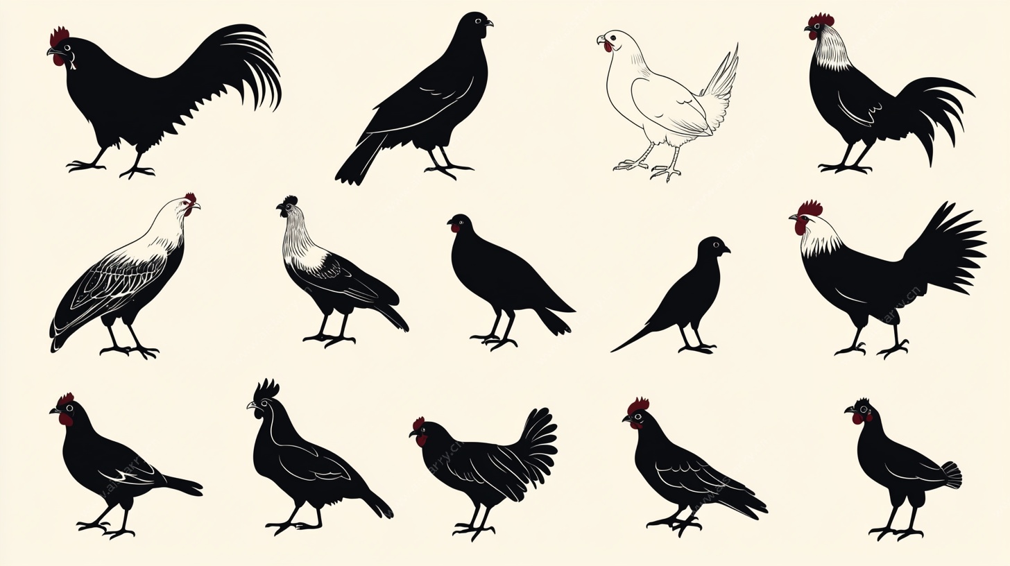 多种鸡类剪影集合图