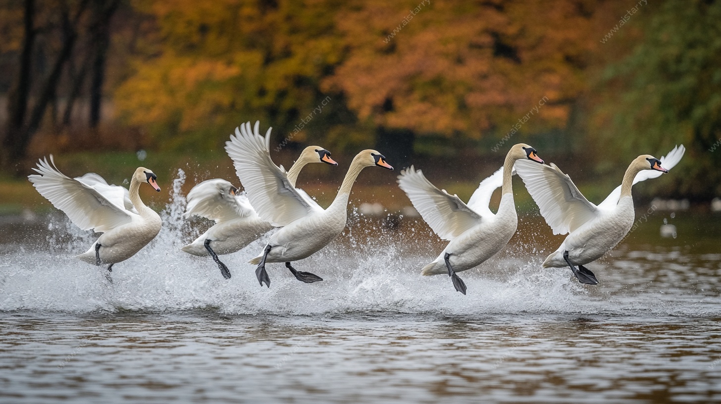 天鹅群在水面振翅起飞