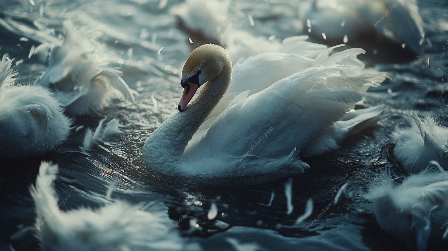 优雅天鹅于水中悠然嬉戏