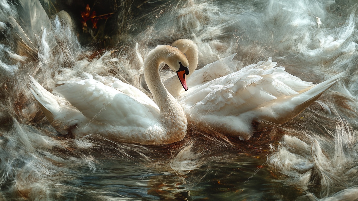 优雅天鹅于水中亲昵相依