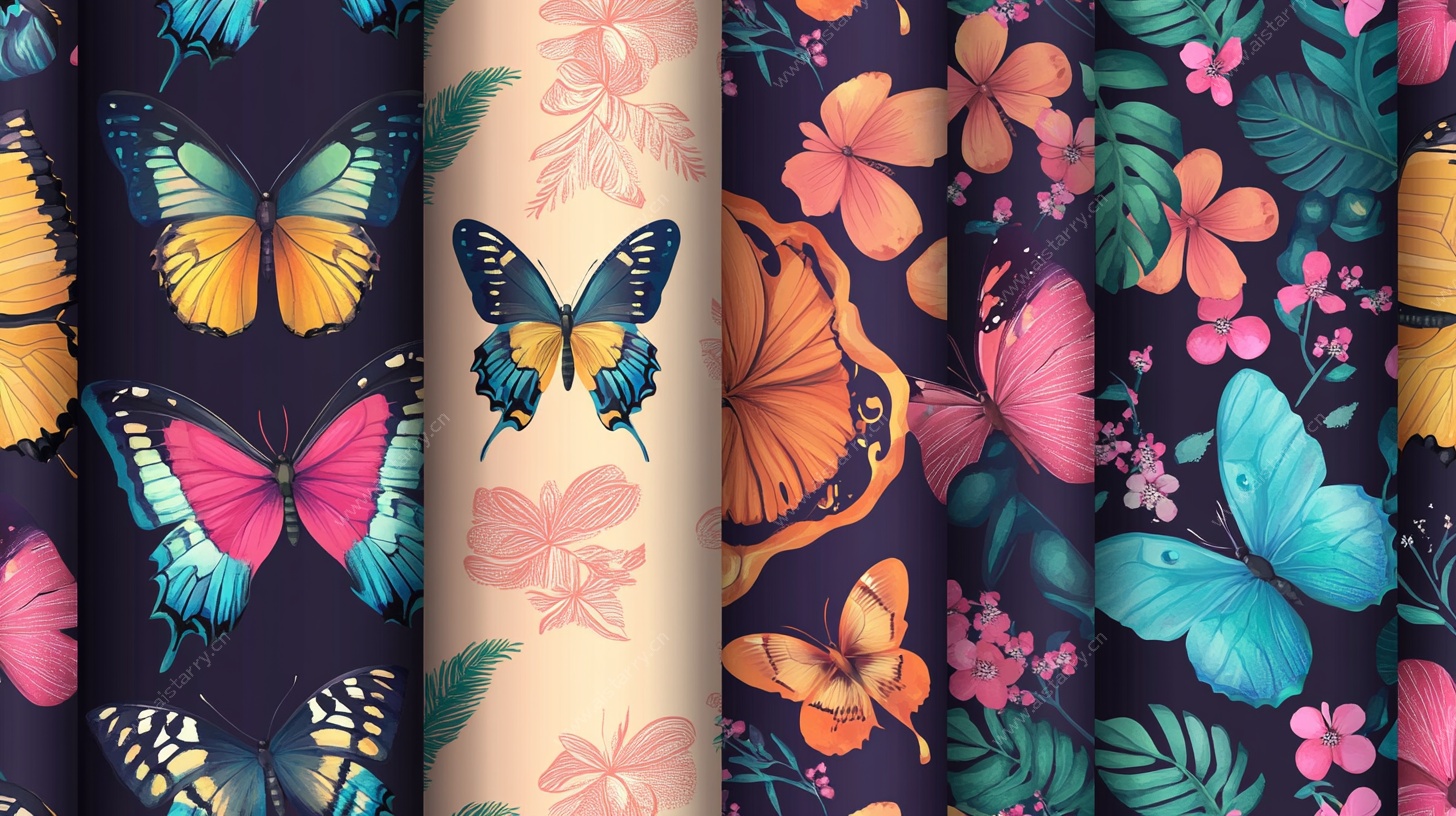 蝴蝶花卉图案布料展示