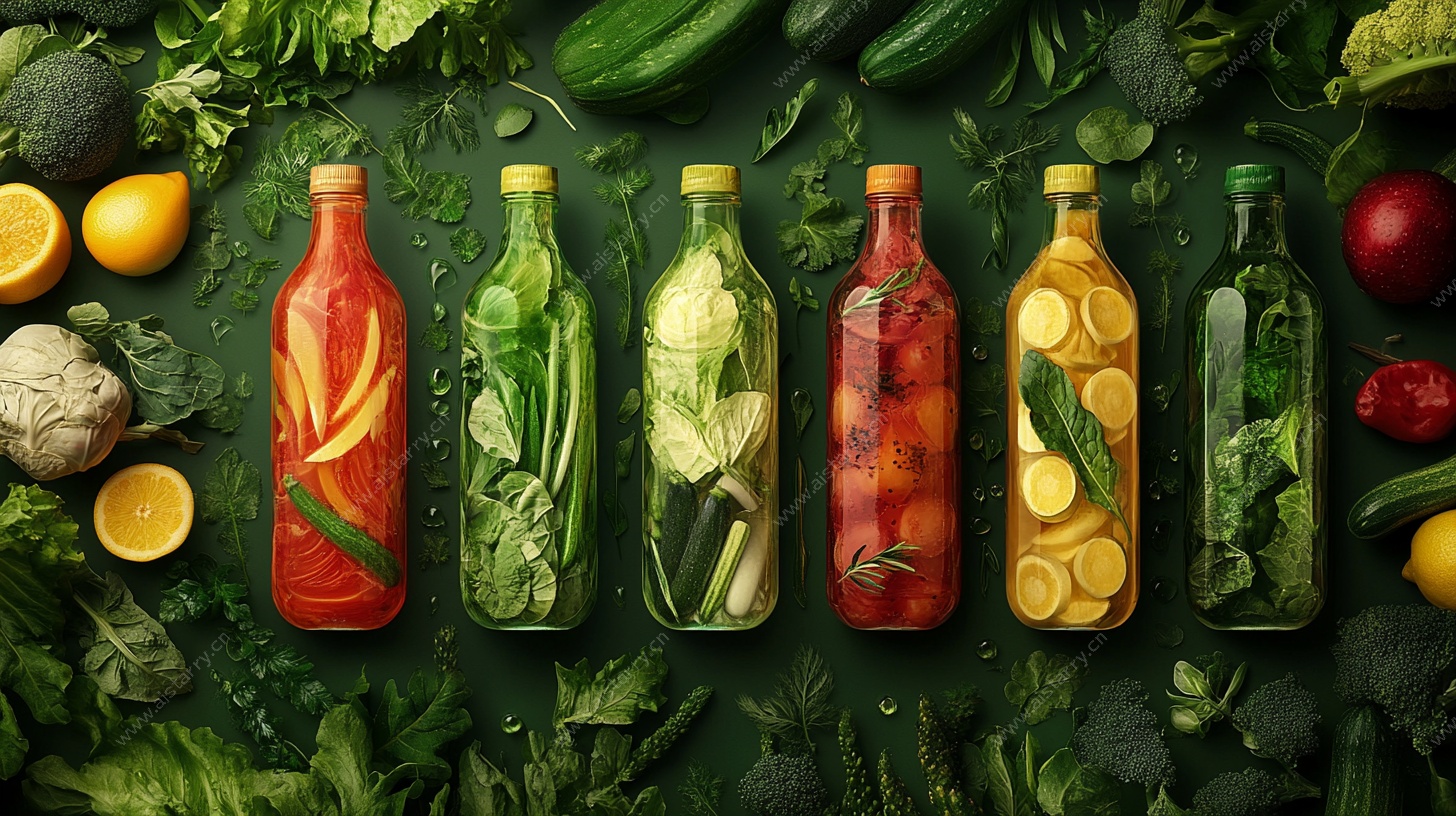 多彩蔬菜果汁瓶的清新展示