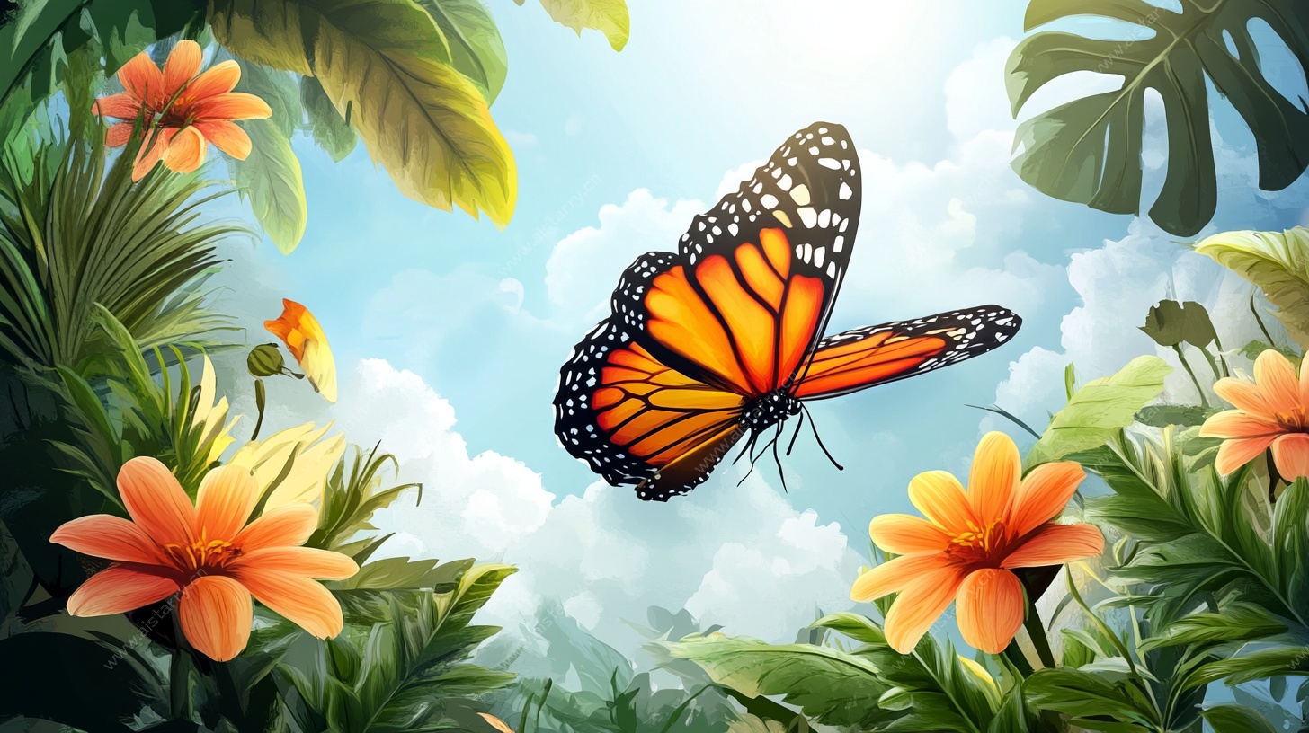 蝴蝶飞舞在繁花绿叶间