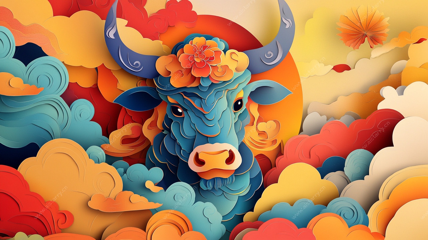 牛年祥瑞剪纸风插画