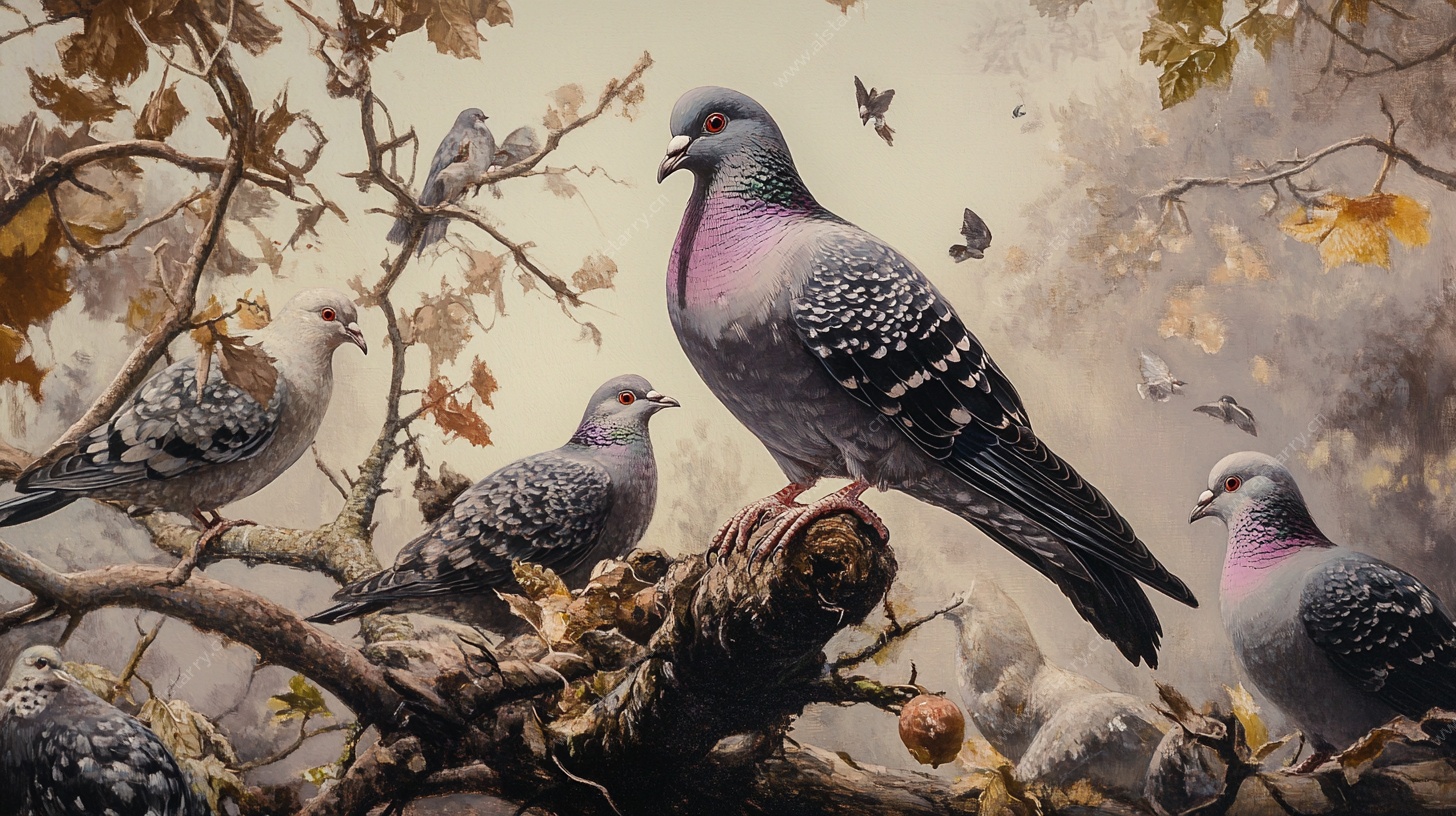 秋日枝头鸽群图