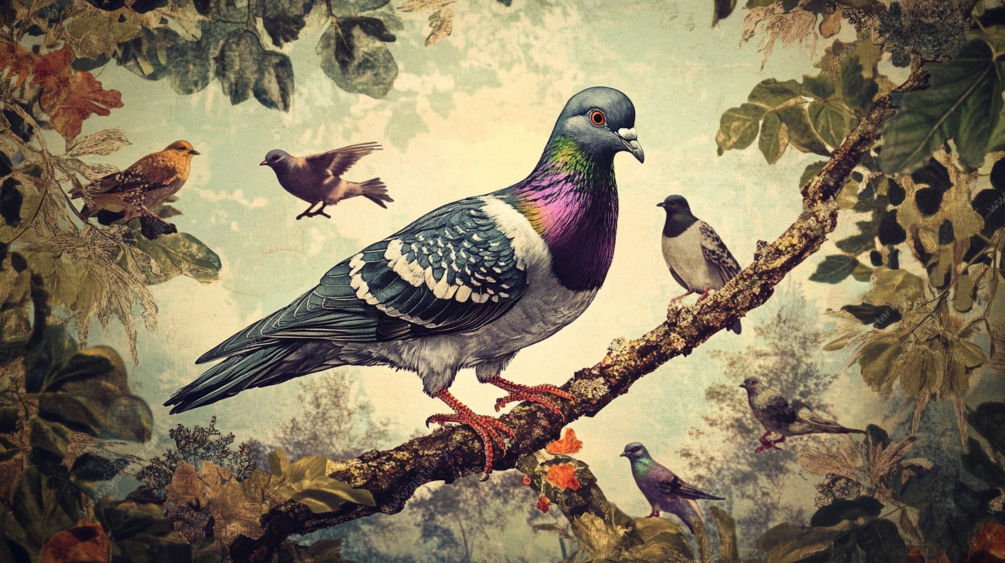 栖息枝头的多彩鸽子群像