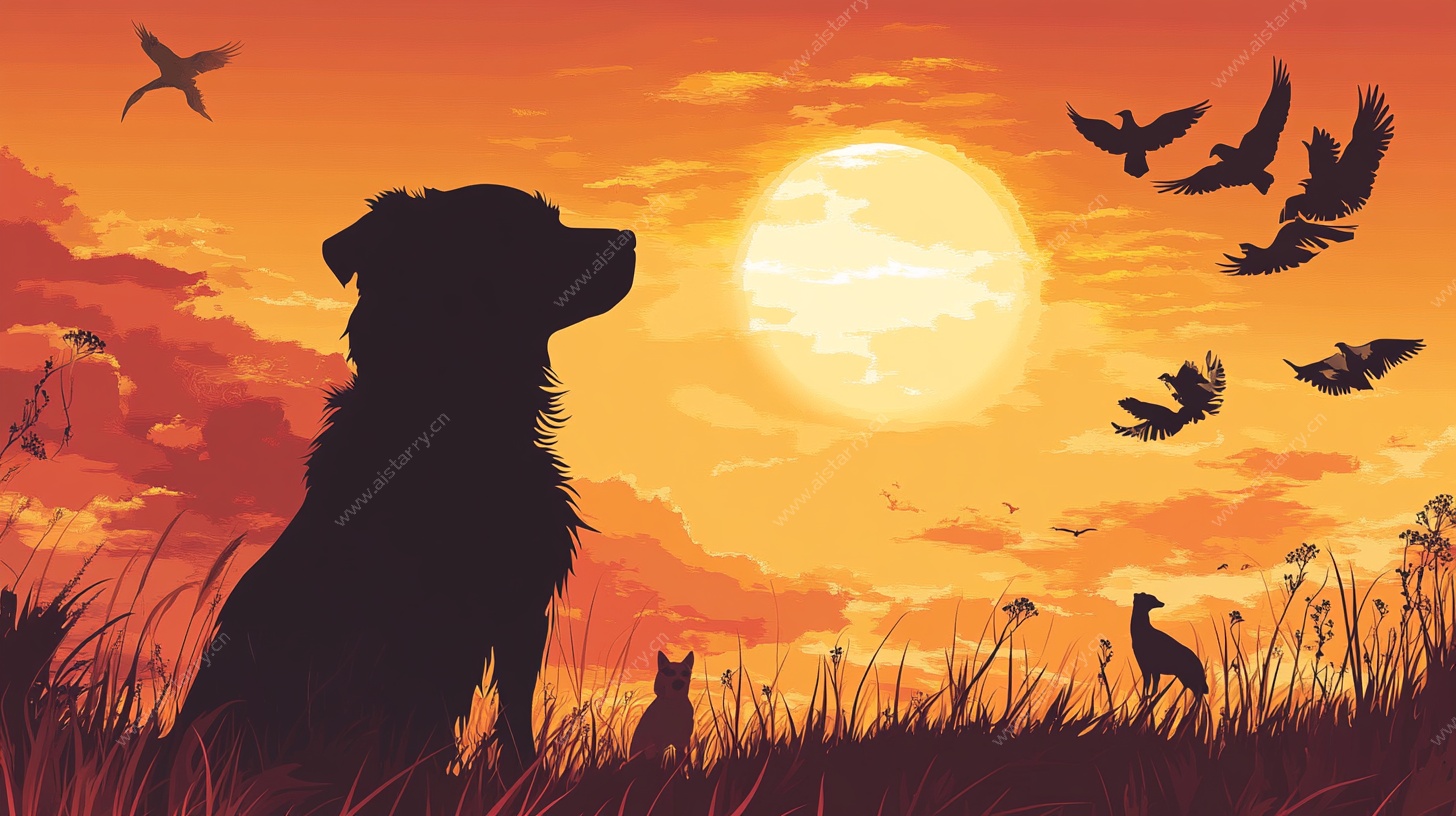 夕阳下的狗与飞鸟剪影