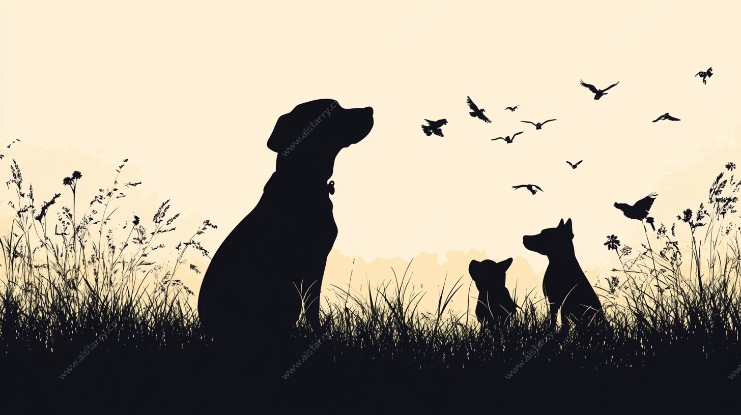黄昏下的宠物与飞鸟剪影