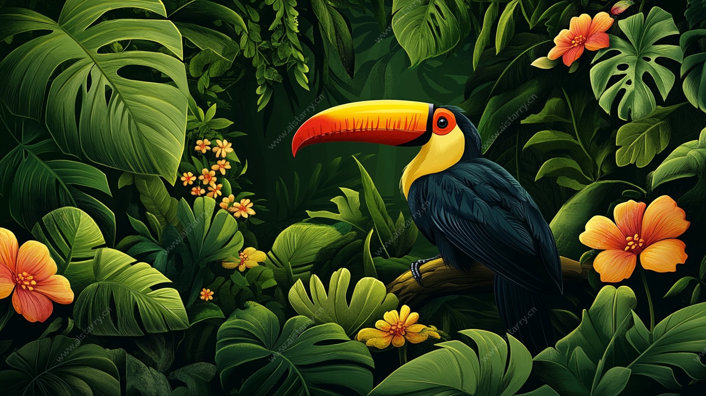 巨嘴鸟栖于繁茂热带丛林