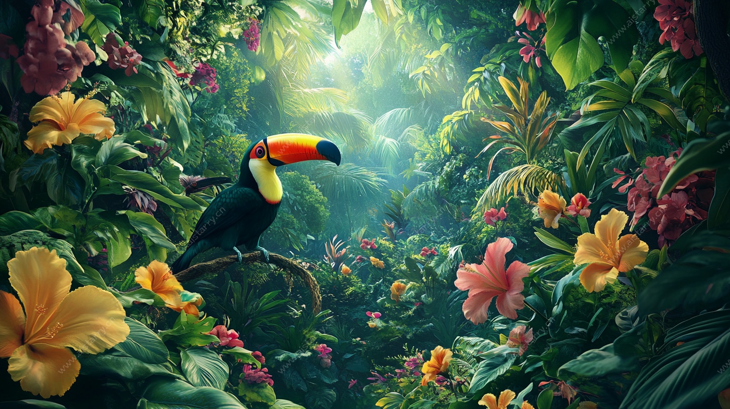 巨嘴鸟栖于缤纷热带丛林