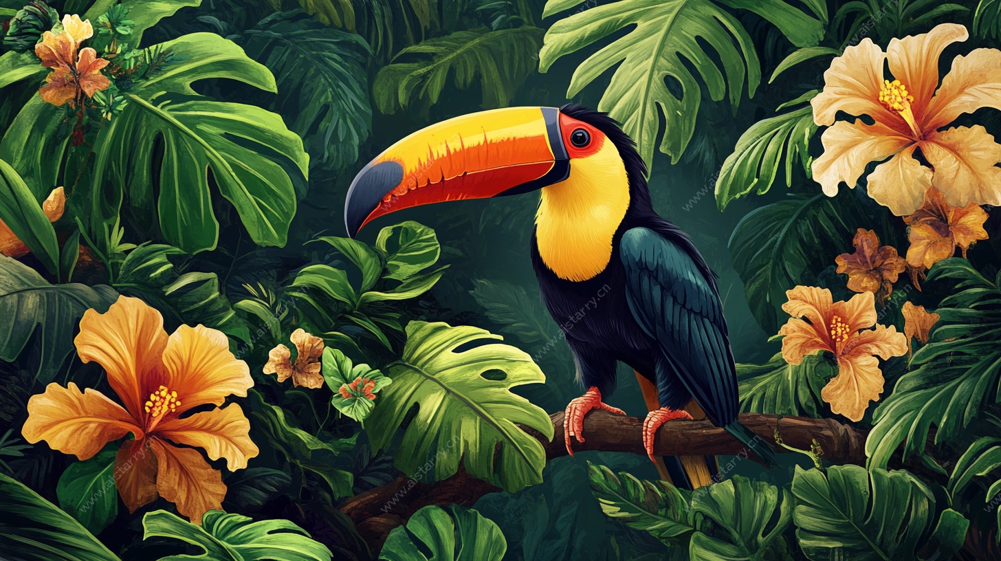 巨嘴鸟栖息于热带花丛中