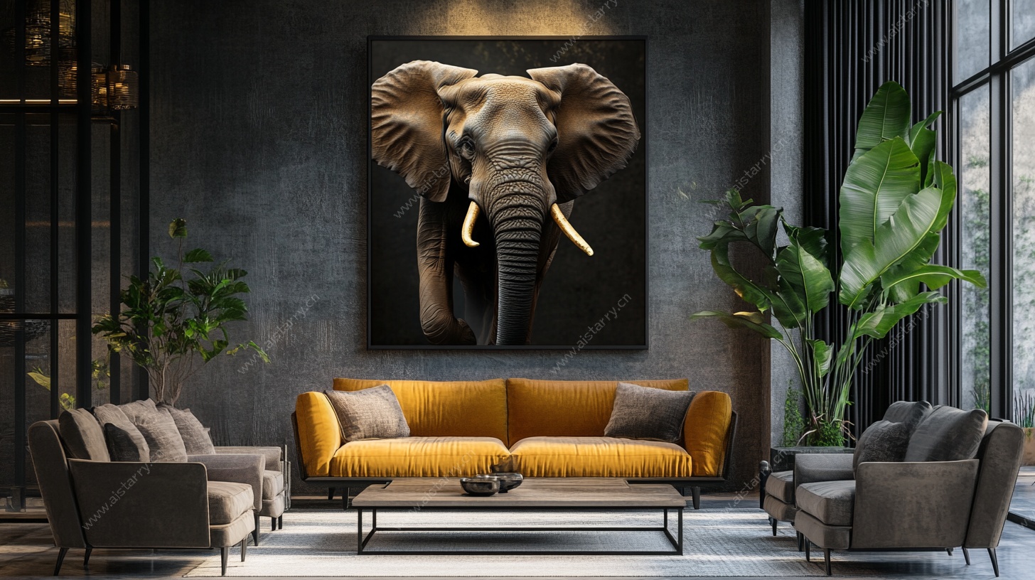 现代客厅中的大象艺术挂画