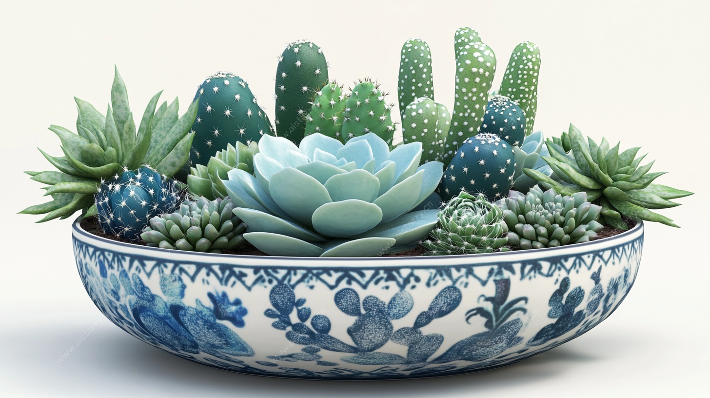 青花瓷盆中的多肉植物