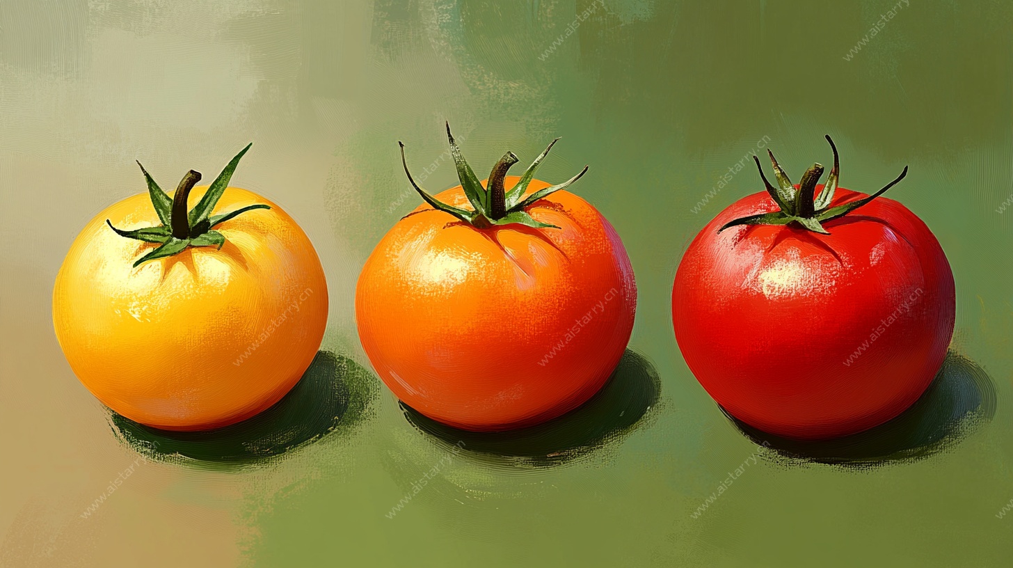 三枚多彩番茄油画