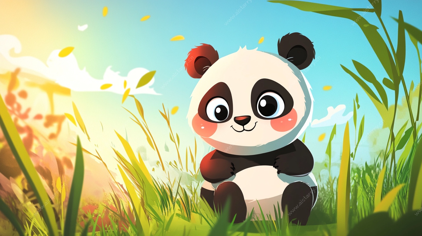 可爱熊猫坐在青青草地上