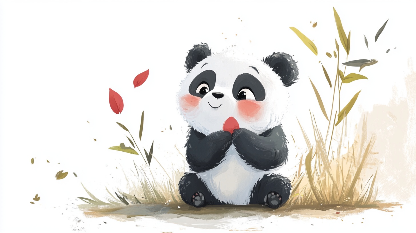 可爱熊猫手持爱心坐草地