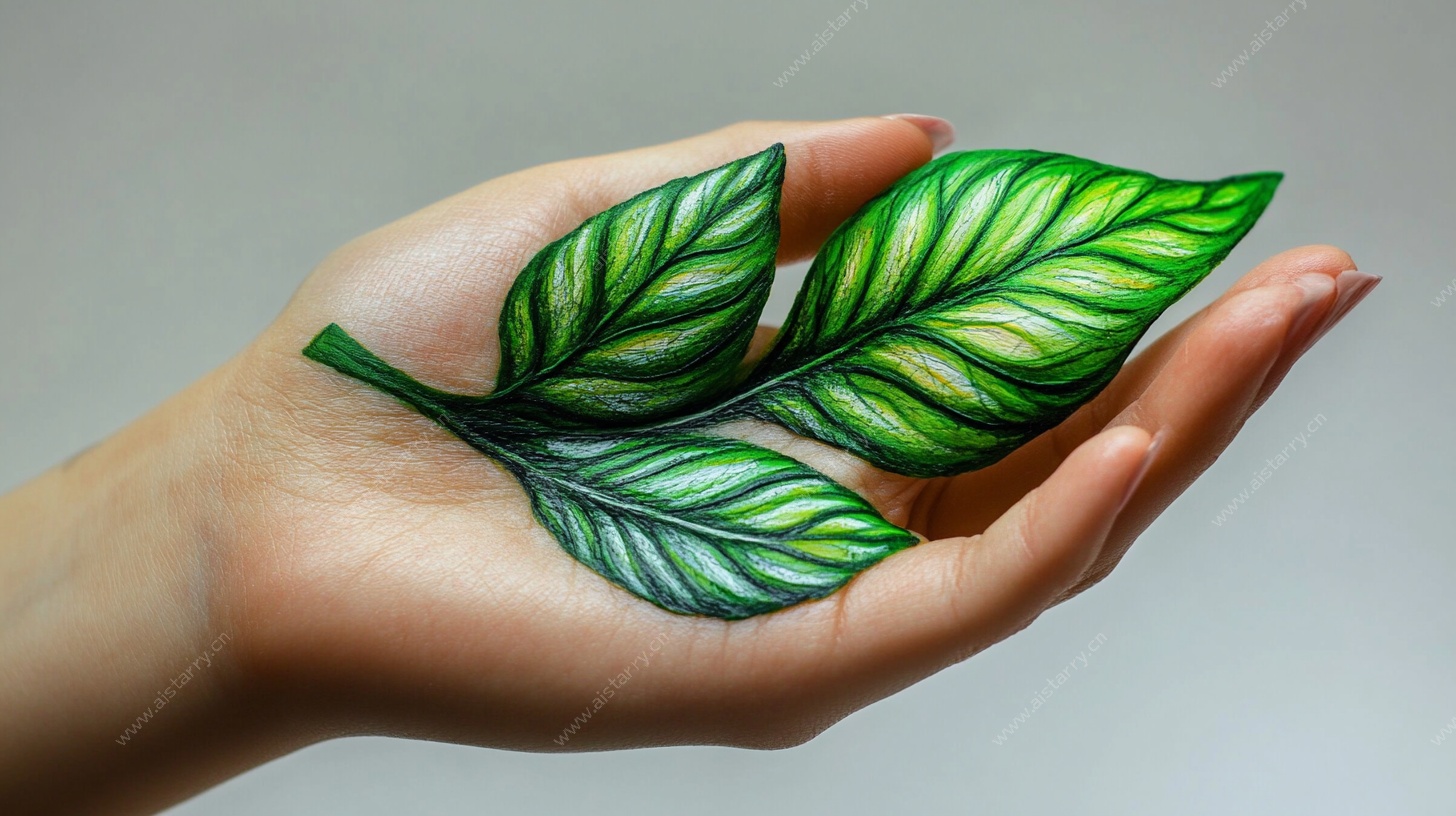 手托绿叶艺术图案