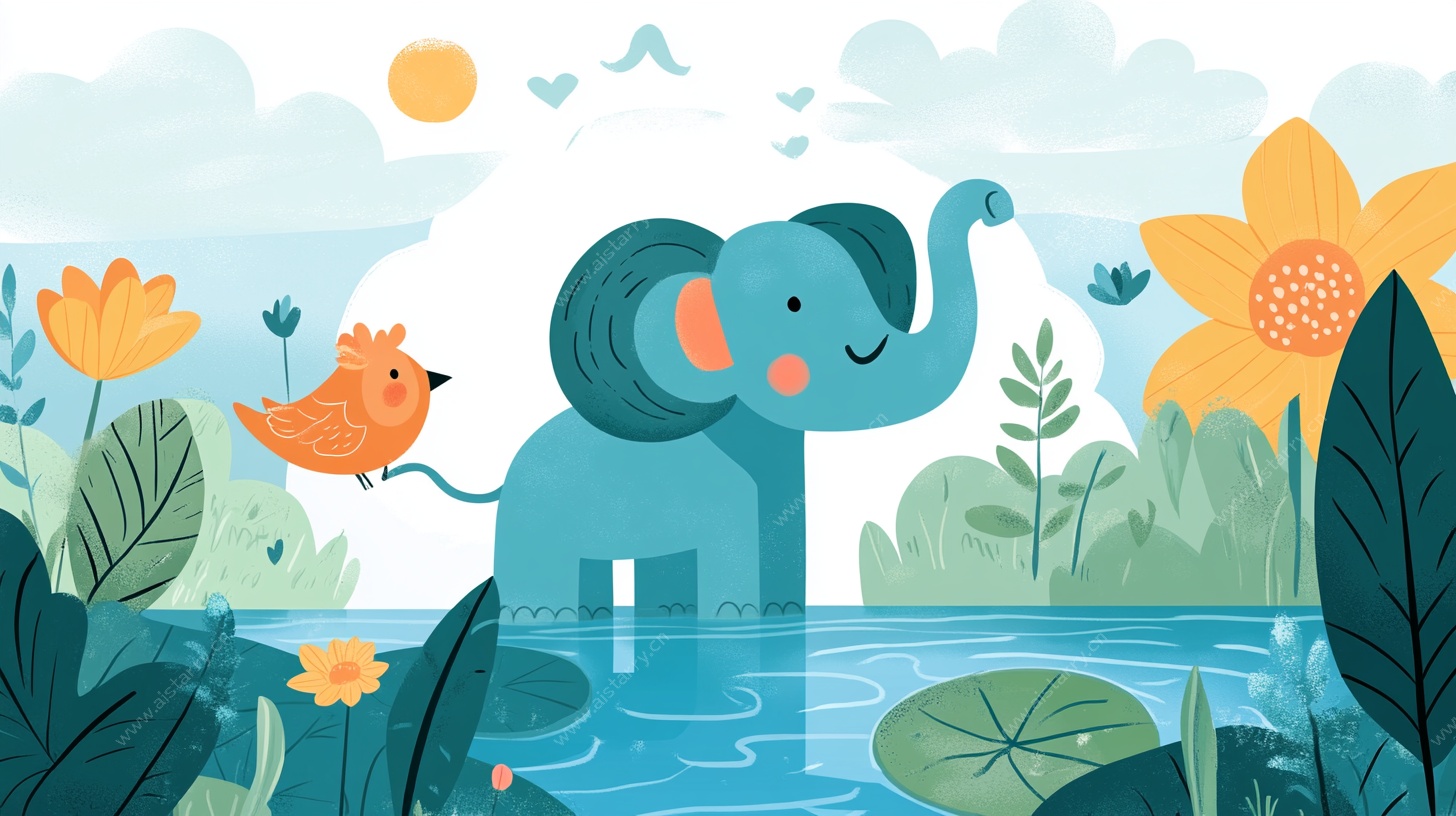 大象与小鸟的夏日池塘