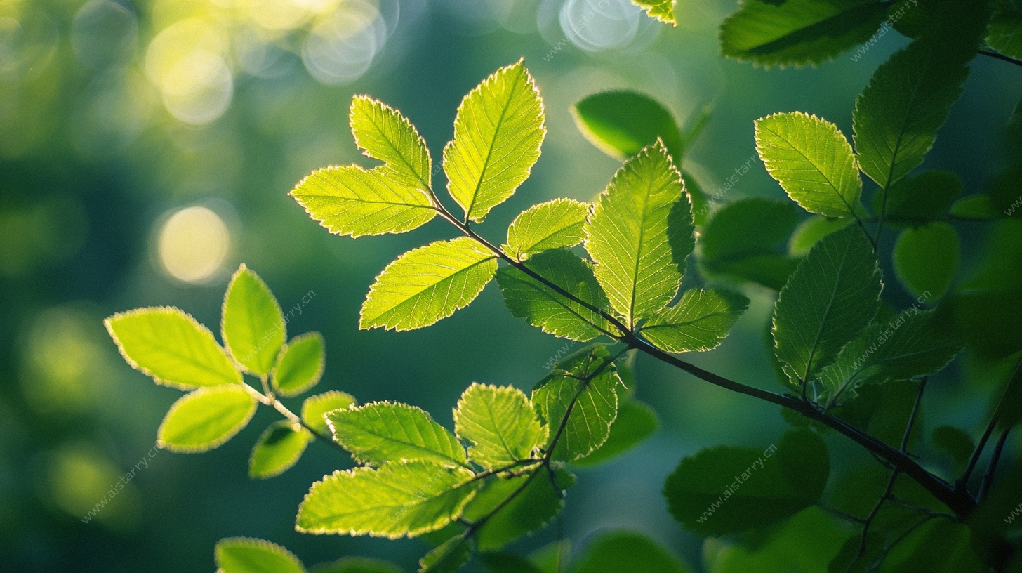 阳光下的嫩绿树叶