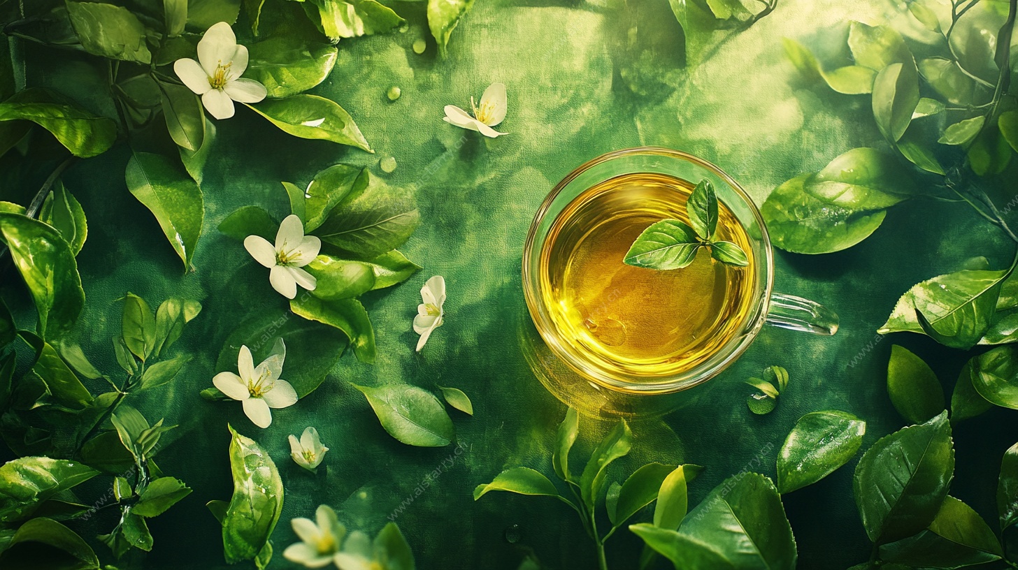 一杯清茶伴花香绿意