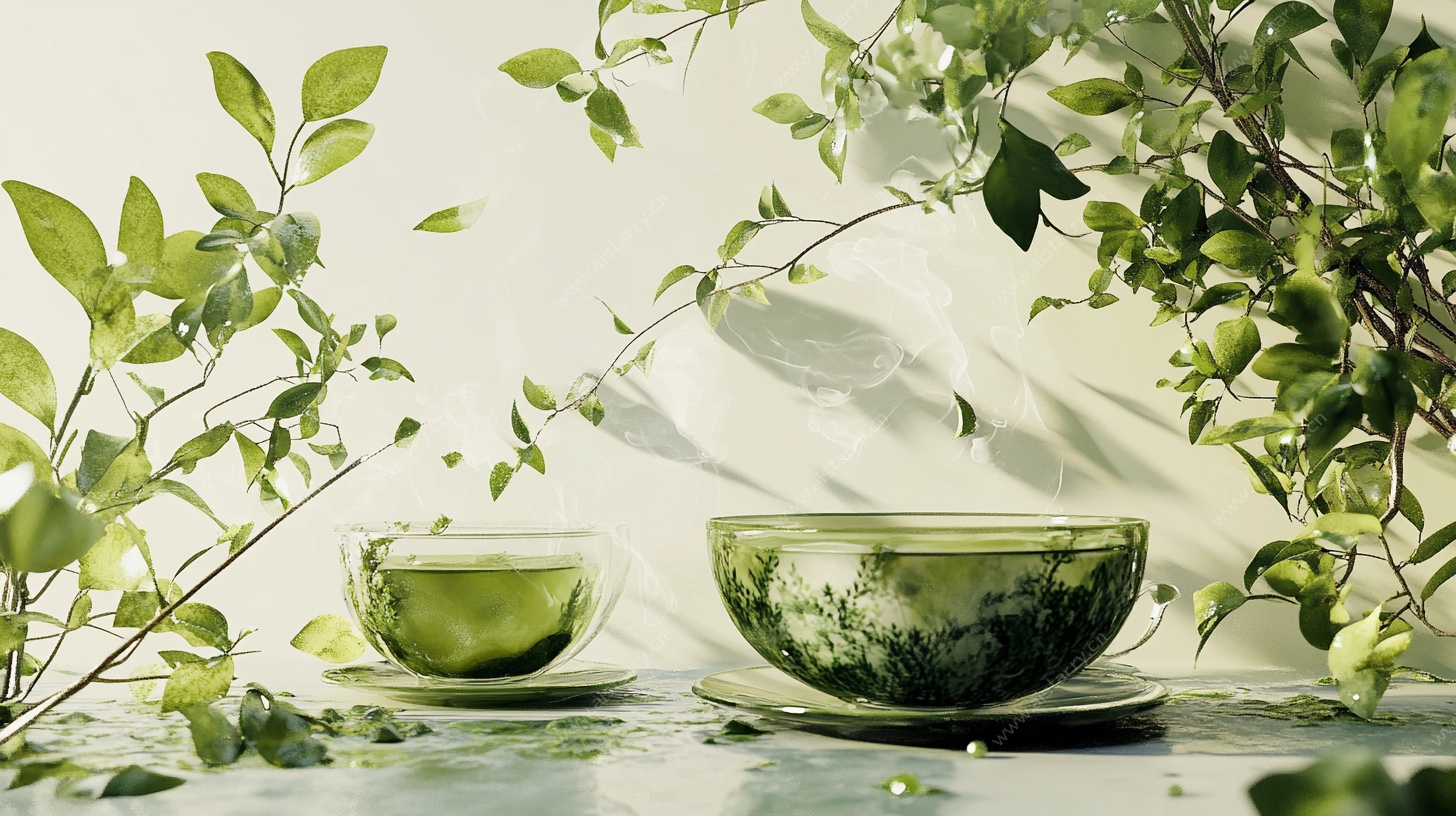 绿叶环绕的清新茶具