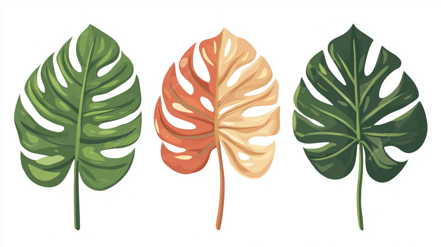 三色龟背竹叶插画