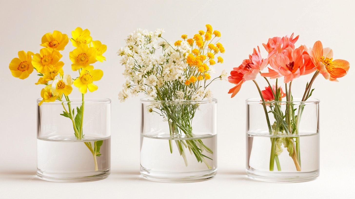 三个玻璃花瓶中的多彩花卉