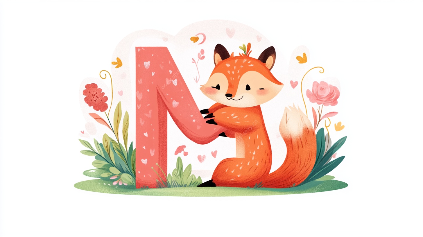 可爱狐狸与字母N插画