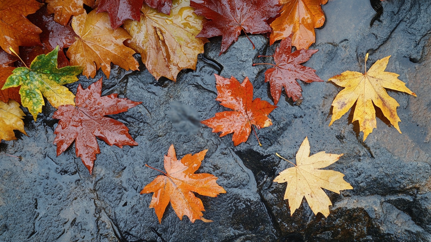 石板上的多彩秋叶