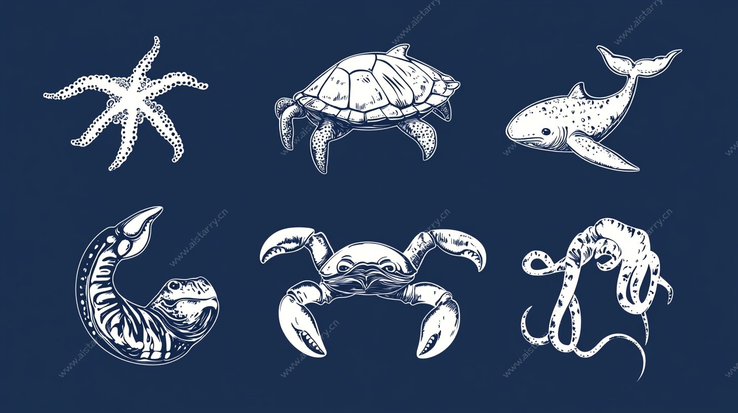 海洋生物手绘图标集合