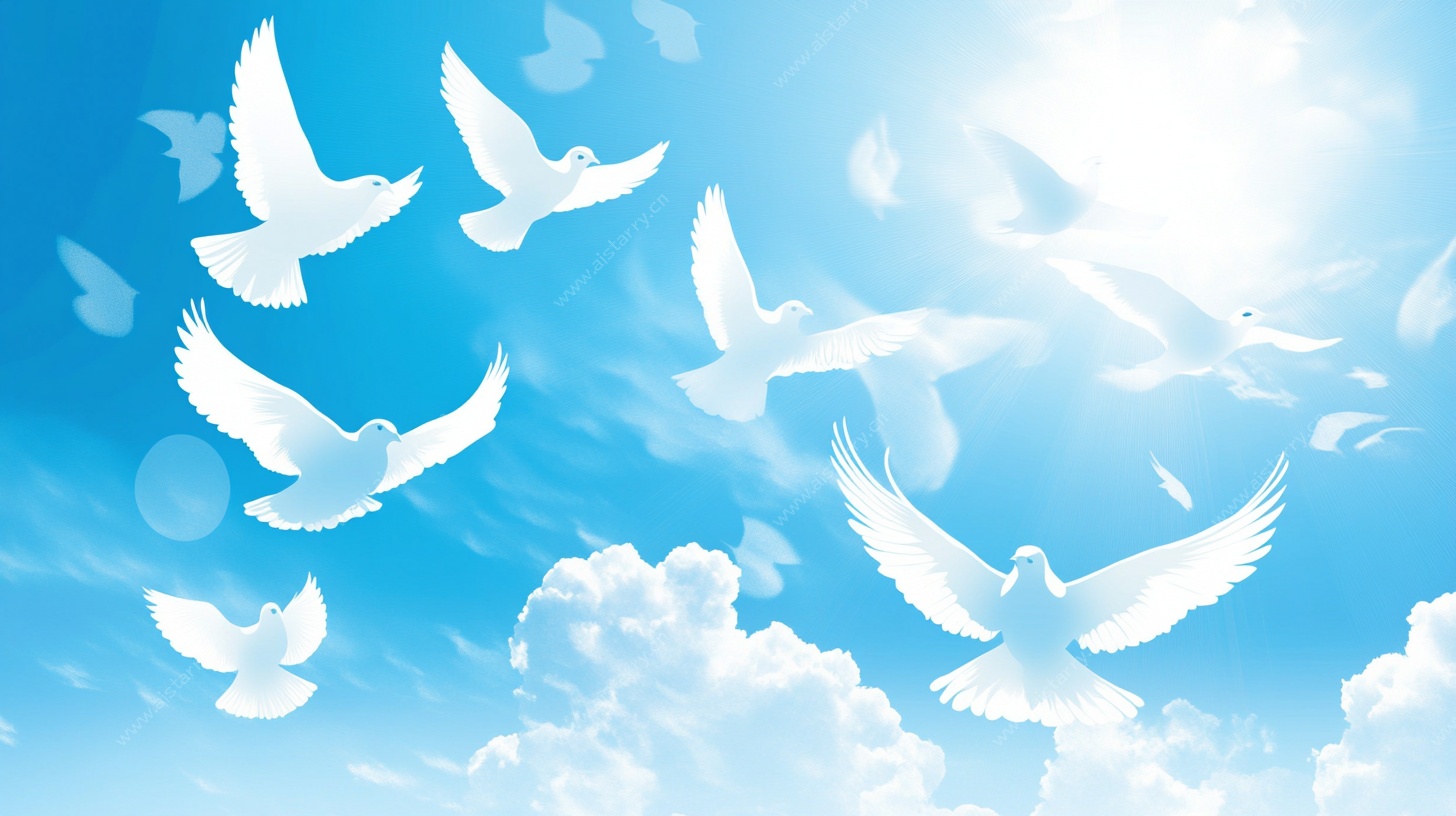 蓝天白鸽飞翔图