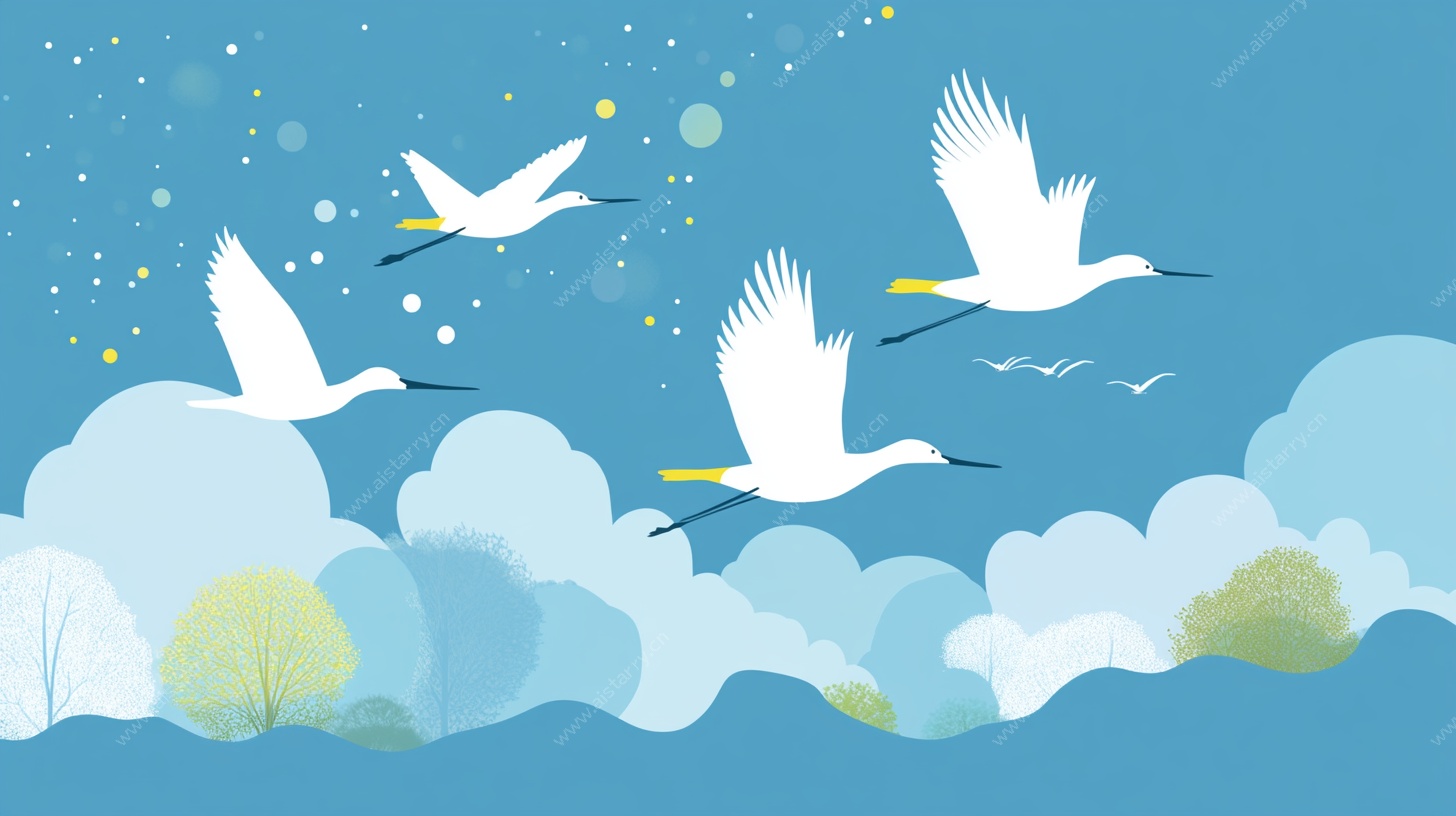 白鹭翱翔于蓝天白云间