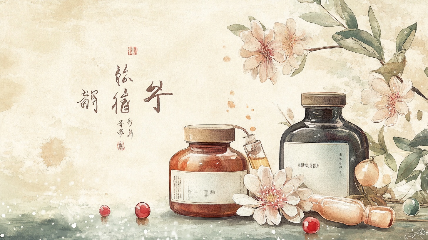 中式草本护肤瓶花插画