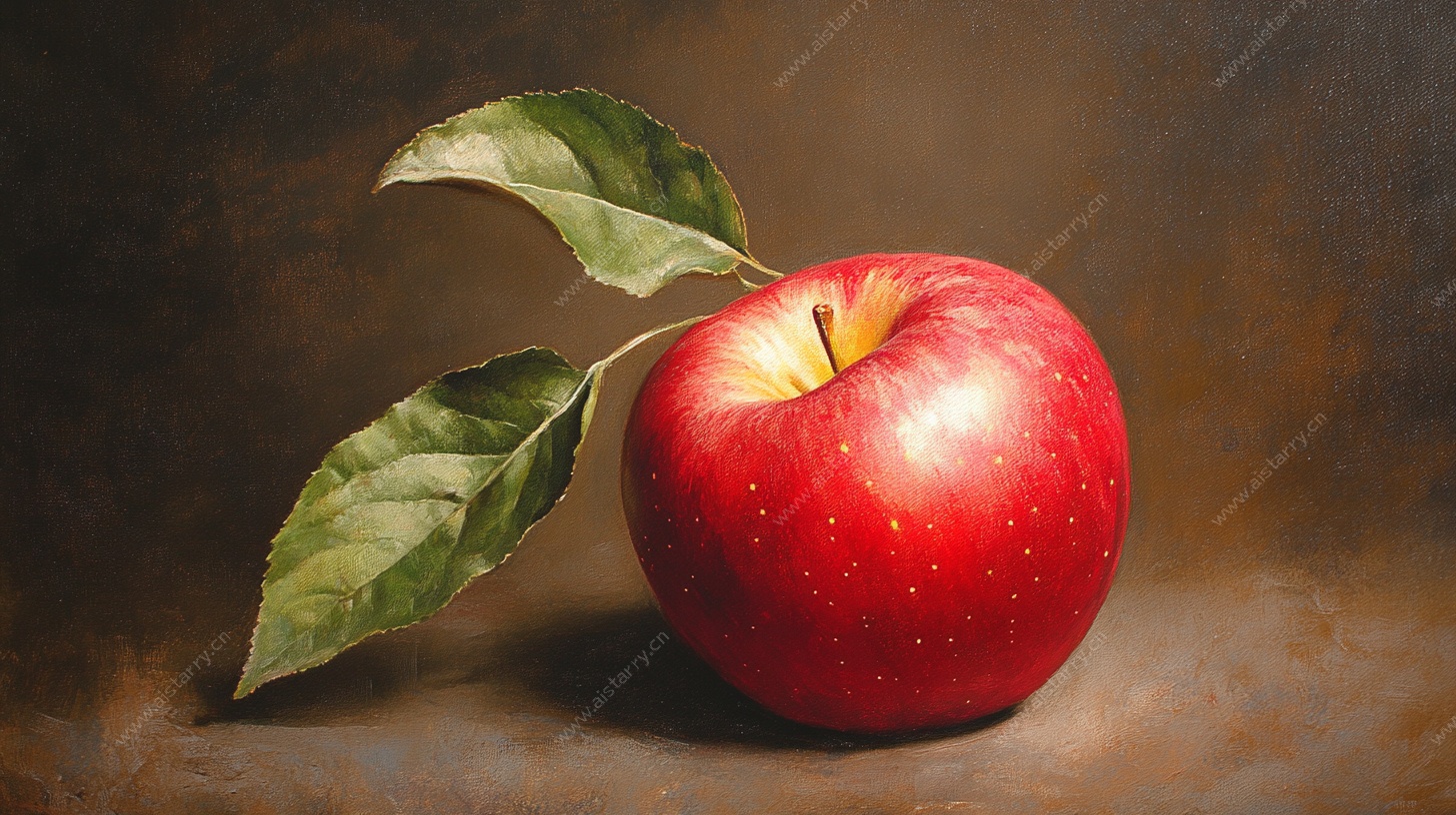 红苹果与绿叶静物图