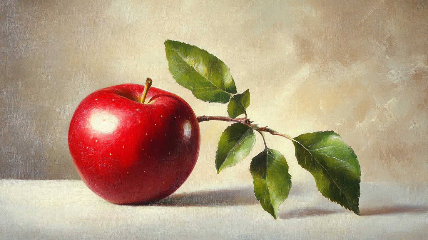 鲜红苹果带枝叶特写