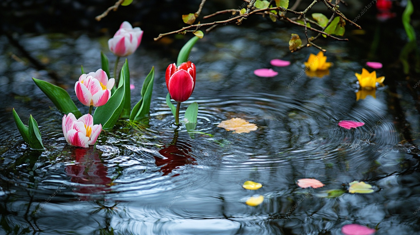 雨中绽放的多彩郁金香