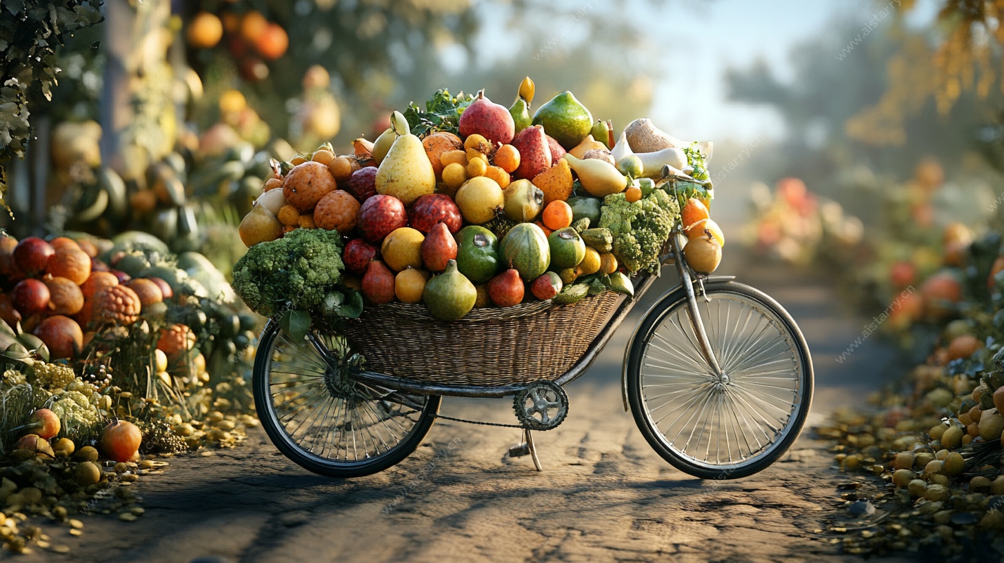 秋日满载蔬果的复古自行车