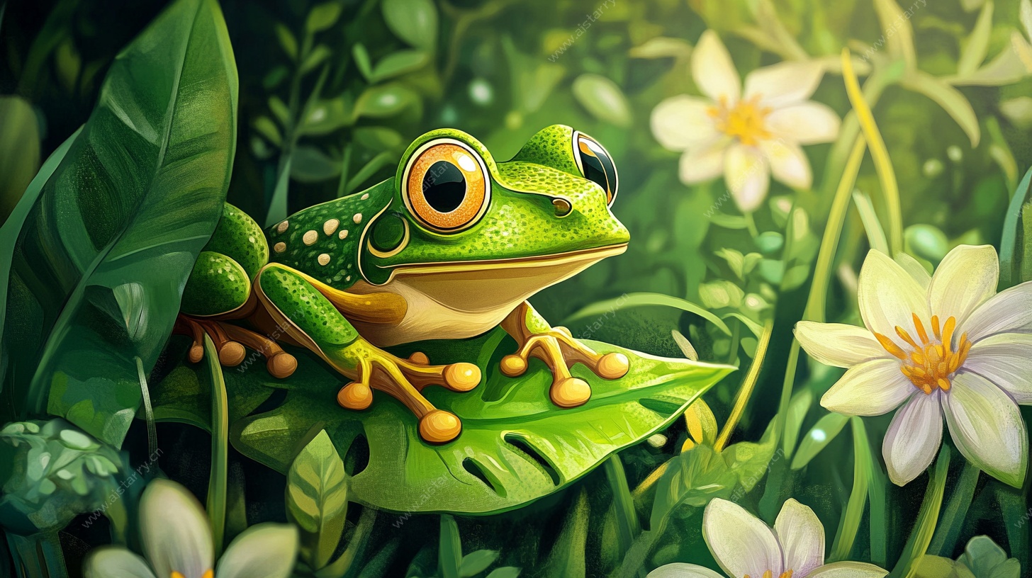 绿叶上的可爱青蛙插画