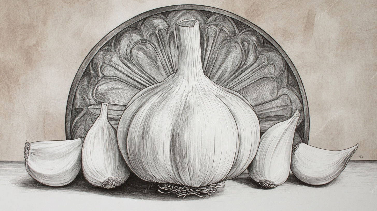 素描大蒜与盘的静物画