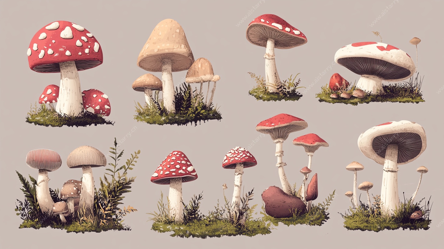一组奇幻风格蘑菇插画