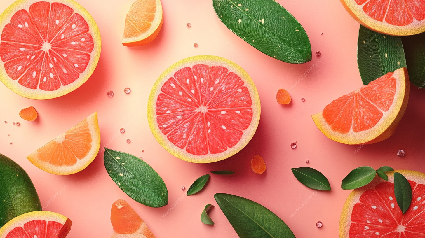 粉色背景上的多汁西柚切片