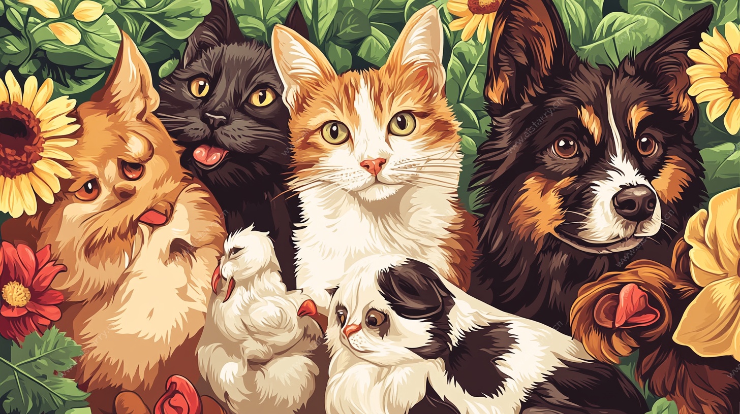 萌宠齐聚花丛中