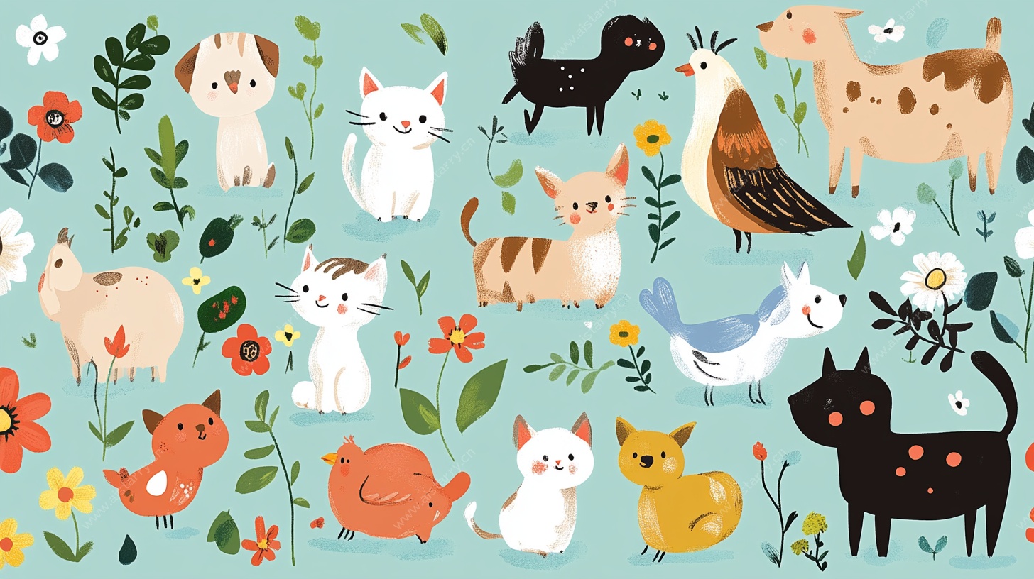 可爱动物花卉插画图案