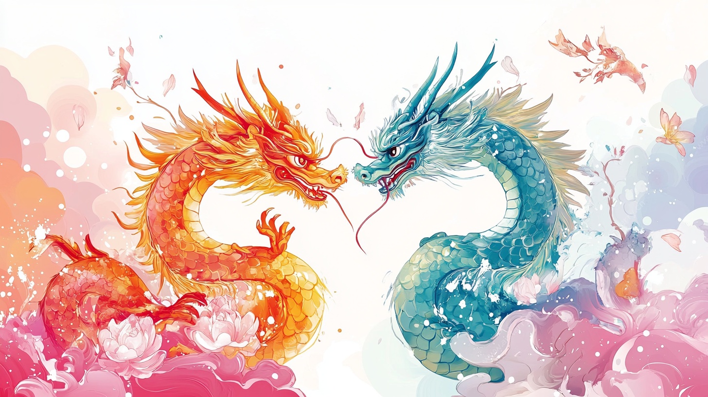 双生祥龙梦幻插画