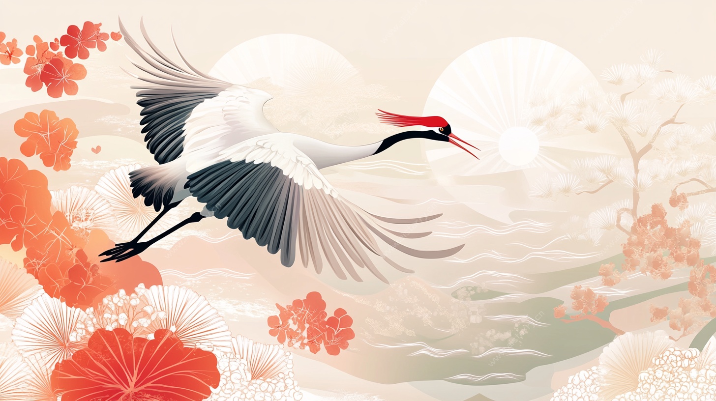 丹顶鹤翔于繁花山水间